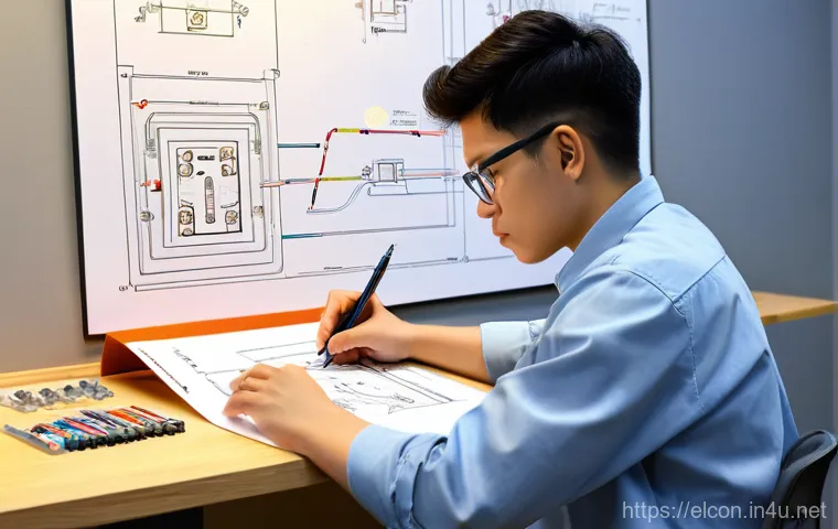 전기공사 실기 준비를 위한 모의 문제 - A diligent young adult student (gender-neutral, wearing casual but modest attire like a t-shirt and ...