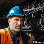 전기공사 기술자들이 겪는 주요 어려움 - A close-up shot of an experienced male electrical construction technician, approximately 50s, wearin...
