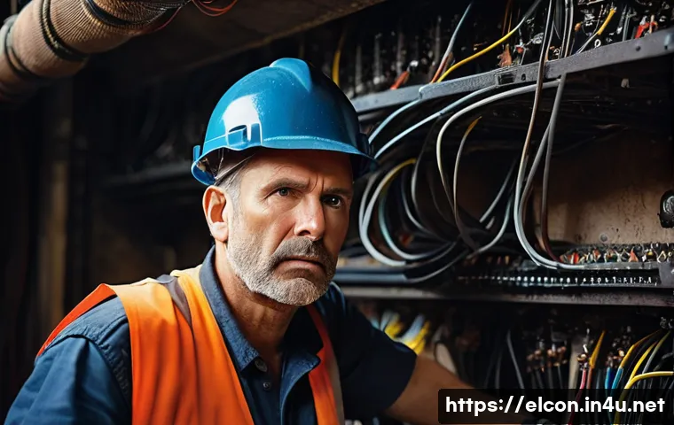 전기공사 기술자들이 겪는 주요 어려움 - A close-up shot of an experienced male electrical construction technician, approximately 50s, wearin...