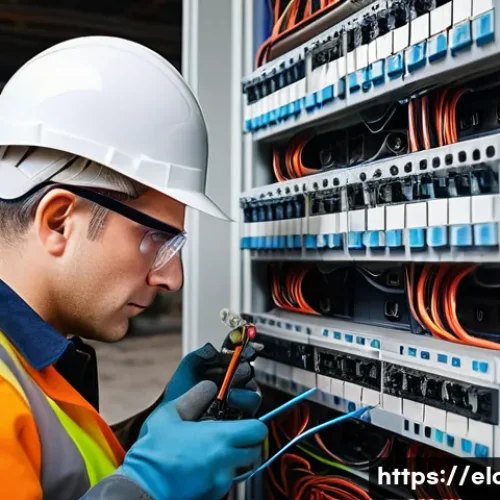 전기공사 경력 쌓기 위한 팁 - A skilled electrician wearing a protective helmet, gloves, and safety glasses, carefully inspecting ...