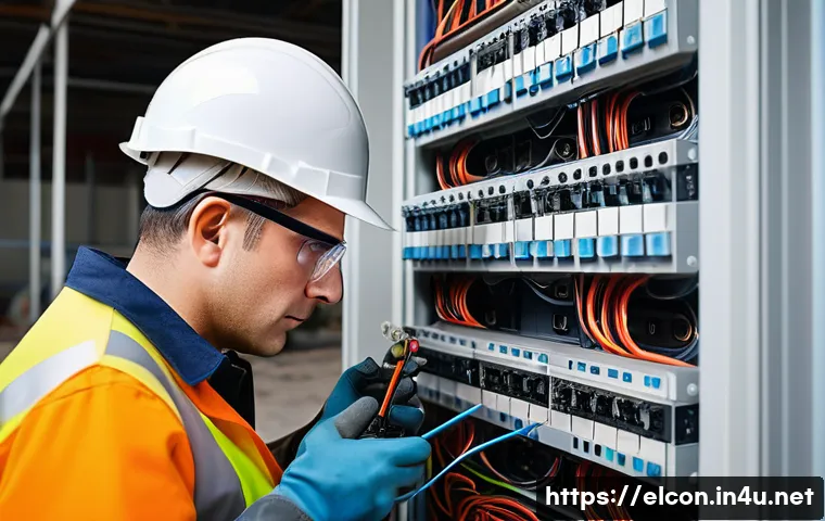 전기공사 경력 쌓기 위한 팁 - A skilled electrician wearing a protective helmet, gloves, and safety glasses, carefully inspecting ...