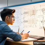 전기공사 주요 중점 과목 학습법 - A detailed, realistic classroom scene focused on electrical engineering study: a young adult student...