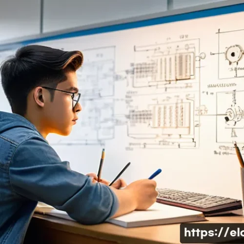 전기공사 주요 중점 과목 학습법 - A detailed, realistic classroom scene focused on electrical engineering study: a young adult student...