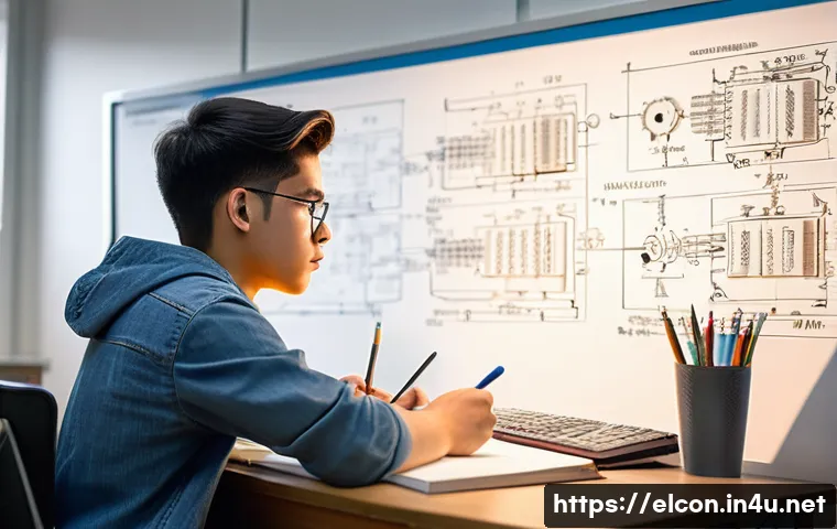 전기공사 주요 중점 과목 학습법 - A detailed, realistic classroom scene focused on electrical engineering study: a young adult student...