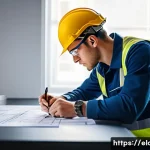 전기공사 실기 시험 시간 관리 방법 - A focused young electrician wearing a safety helmet and work uniform, sitting at a desk with detaile...