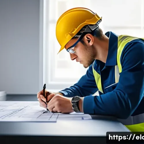전기공사 실기 시험 시간 관리 방법 - A focused young electrician wearing a safety helmet and work uniform, sitting at a desk with detaile...