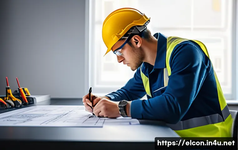 전기공사 실기 시험 시간 관리 방법 - A focused young electrician wearing a safety helmet and work uniform, sitting at a desk with detaile...