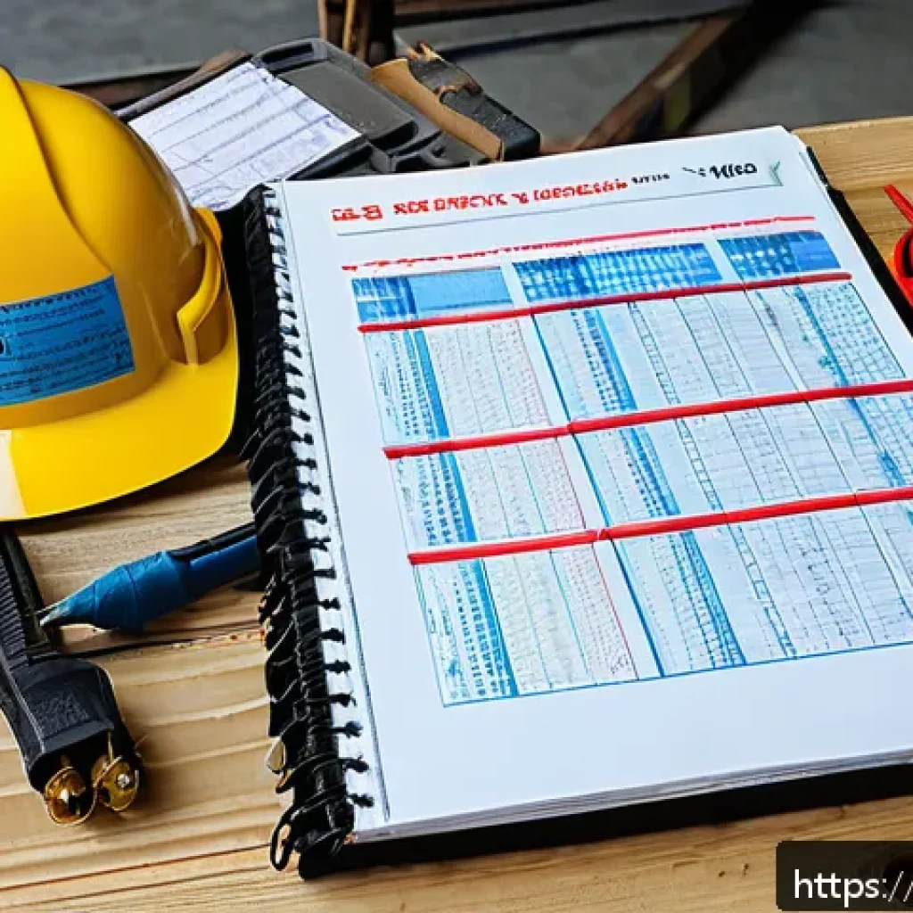 전기공사 실무 노트 작성 팁 - A detailed and organized electrician&rsquo;s notebook open on a wooden workbench at a construction site, s...
