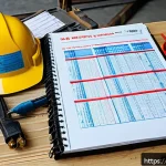 전기공사 실무 노트 작성 팁 - A detailed and organized electrician&rsquo;s notebook open on a wooden workbench at a construction site, s...