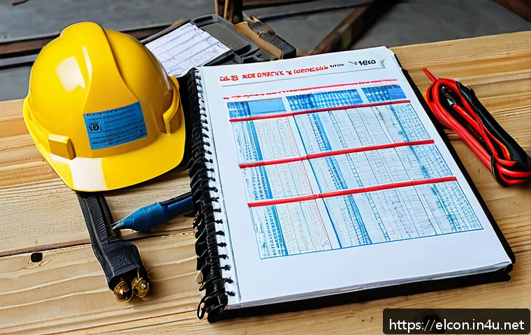 전기공사 실무 노트 작성 팁 - A detailed and organized electrician&rsquo;s notebook open on a wooden workbench at a construction site, s...