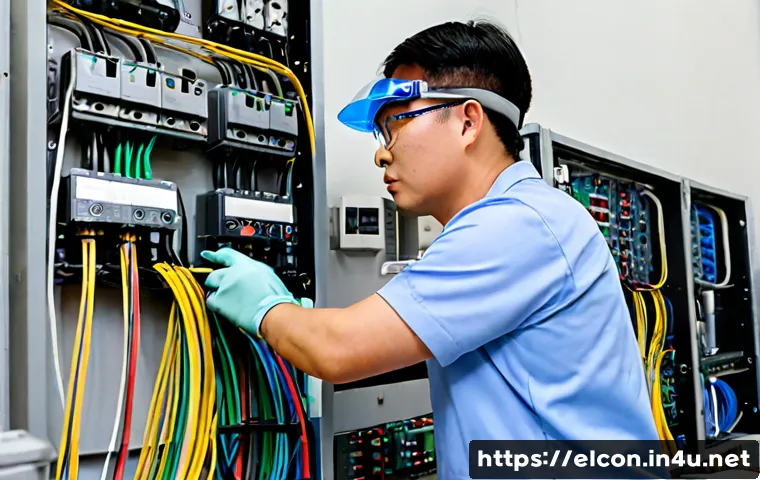 전기공사 실무에서 배우는 배선 설치 방법 - Photorealistic electrical training workshop, skilled electrician wearing safety glasses and insulate...