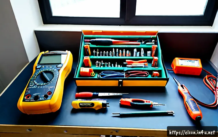 전기공사 실무에서 자주 사용하는 장비 소개 - Photorealistic organized electrician workbench, essential electrical installation tools clearly arra...