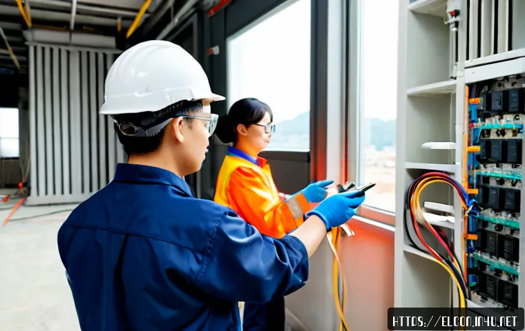 Home 17 전기공사 경력 쌓는 데 유리한 회사들 - Photorealistic commercial electrical construction site, experienced electrician in safety helmet and...